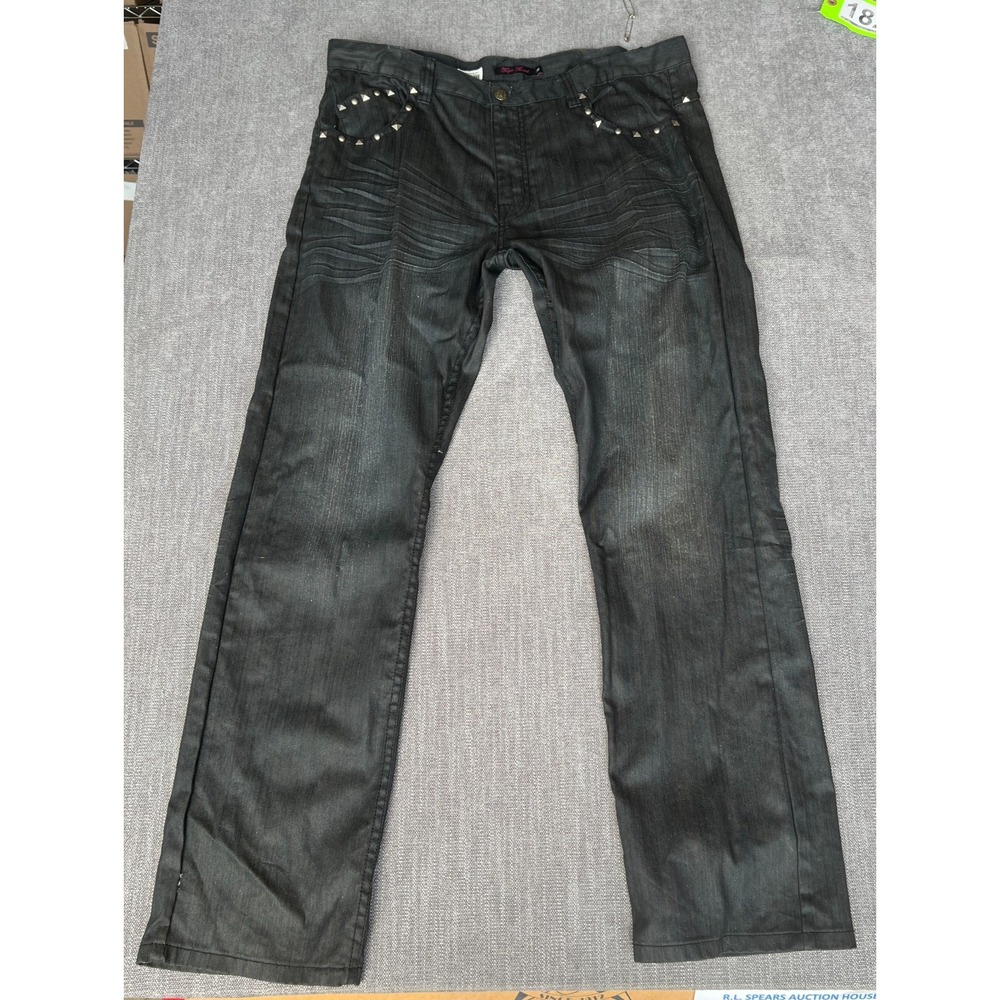 Triple Thread Jeans Men 38x34 Black Denim Studded Skull Embellished Straight Leg